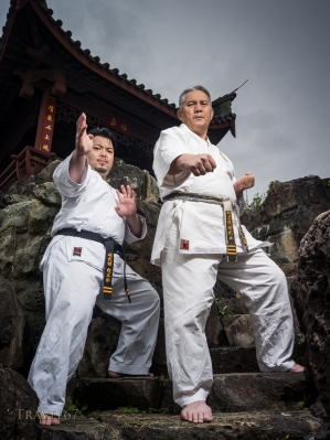 Meitetsu Yagi and son Ippei Yagi of Meibukan Karate at Fukushu En, Naha, Okinawa, Japan