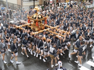 Fukagawa Fetival aka water throwing festival held at Tomioka Hachimangu Shrine, Tokyo, Japan on Sunday Aug 17, 2014. Water thrown at mikoshi (portable shirines) carried through streets in one of the great Shinto festivals of Tokyo.