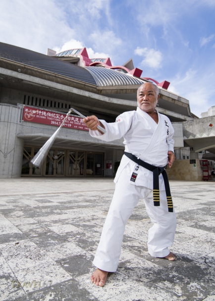 Masahiro Nakamoto - Hanshi 10th dan, Okinawa Dentou Kobudo outside the Budokan, Naha City, Okinawa